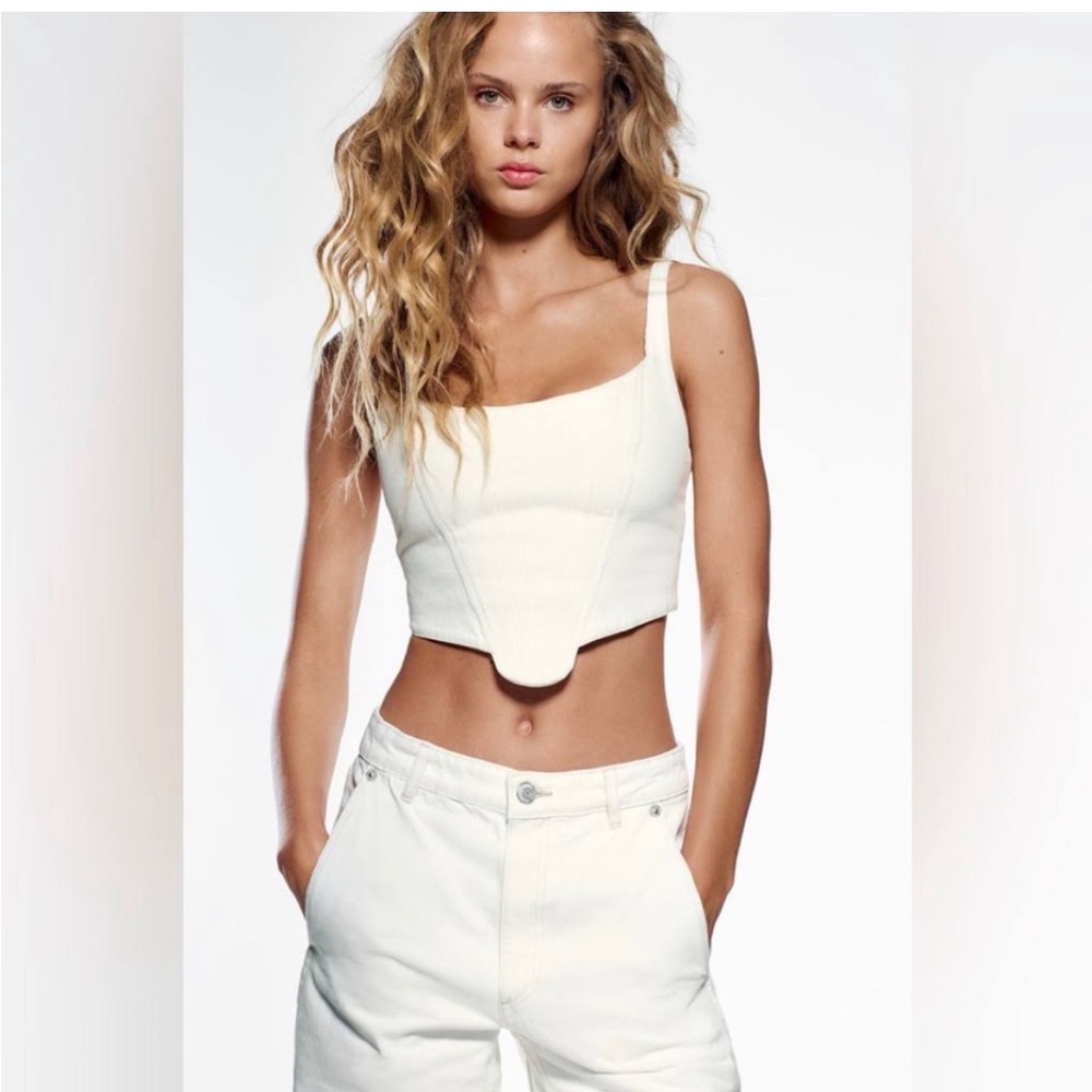 ZARA White Denim Corset Crop Top - XS
